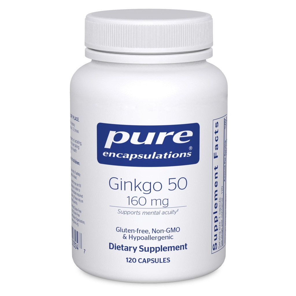 Encapsulaciones puras Ginkgo 50 160 mg peru Ginkgo Biloba Suplemento de Apoyo Oxígeno, Circulación de Sangre y Problemas de Memoria Mild asociados con el envejecimiento* Ø 120 Capsules