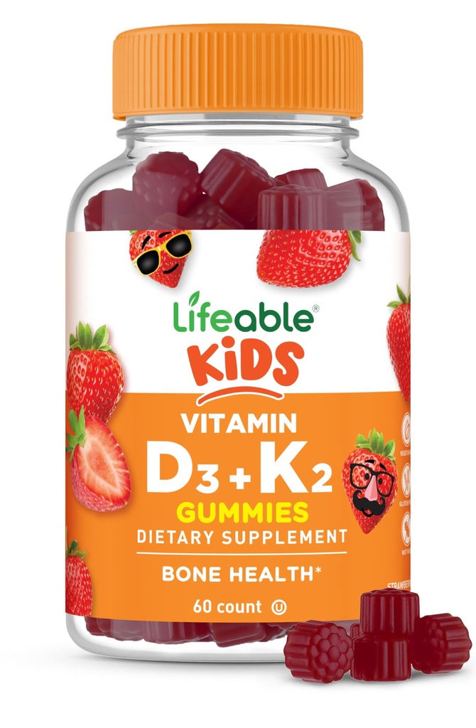 Lifeable Kids Vitamin D3 K2 Gummies TEN 1000iu D3 y K2 100mcg TEN Great Tasting D3 y K2 Suplementos TEN para Bone Health and Immunity TEN VIT D3 K2 para niños TENIDO 60 Gummies