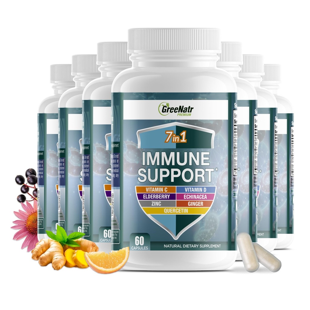 GreeNatr 7 en 1 Suplemento de Apoyo Inmunitario con Vitamina C, Vitamina D3, Zinc 50mg, Quercetina, Echinacea Purpurea, Sambucus Elderberry y Ginger para Defensa Inmunitaria Completa - 60 cápsulas (12 botellas)