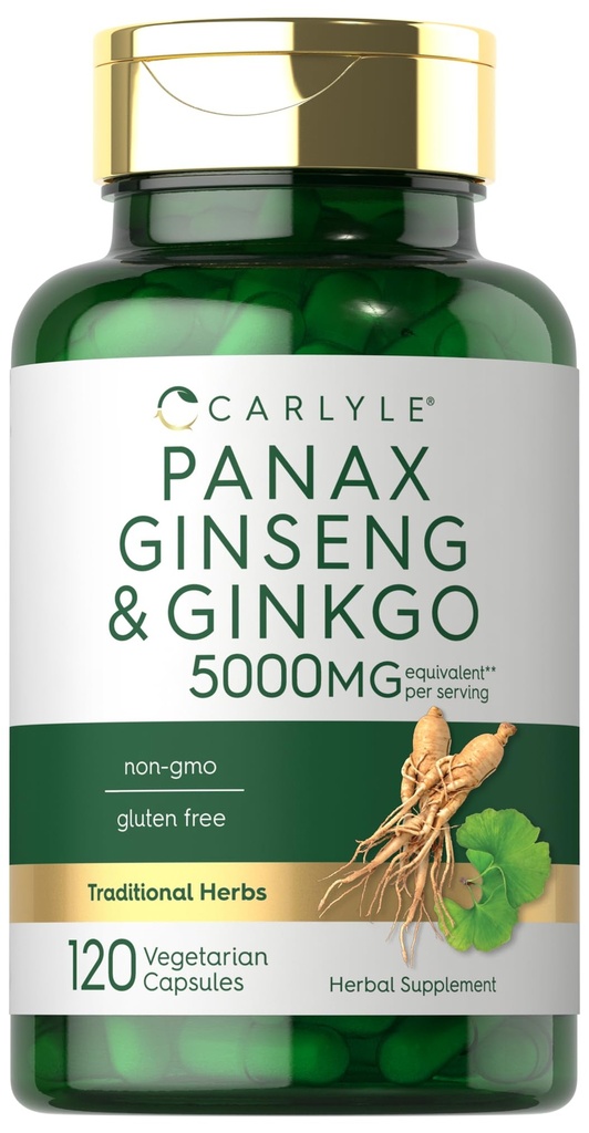 Carlyle Panax Ginseng &amp; Ginkgo 5000mg ← 120 Vegetarian Capsules ← Non-GMO &amp; Gluten Free Supplement