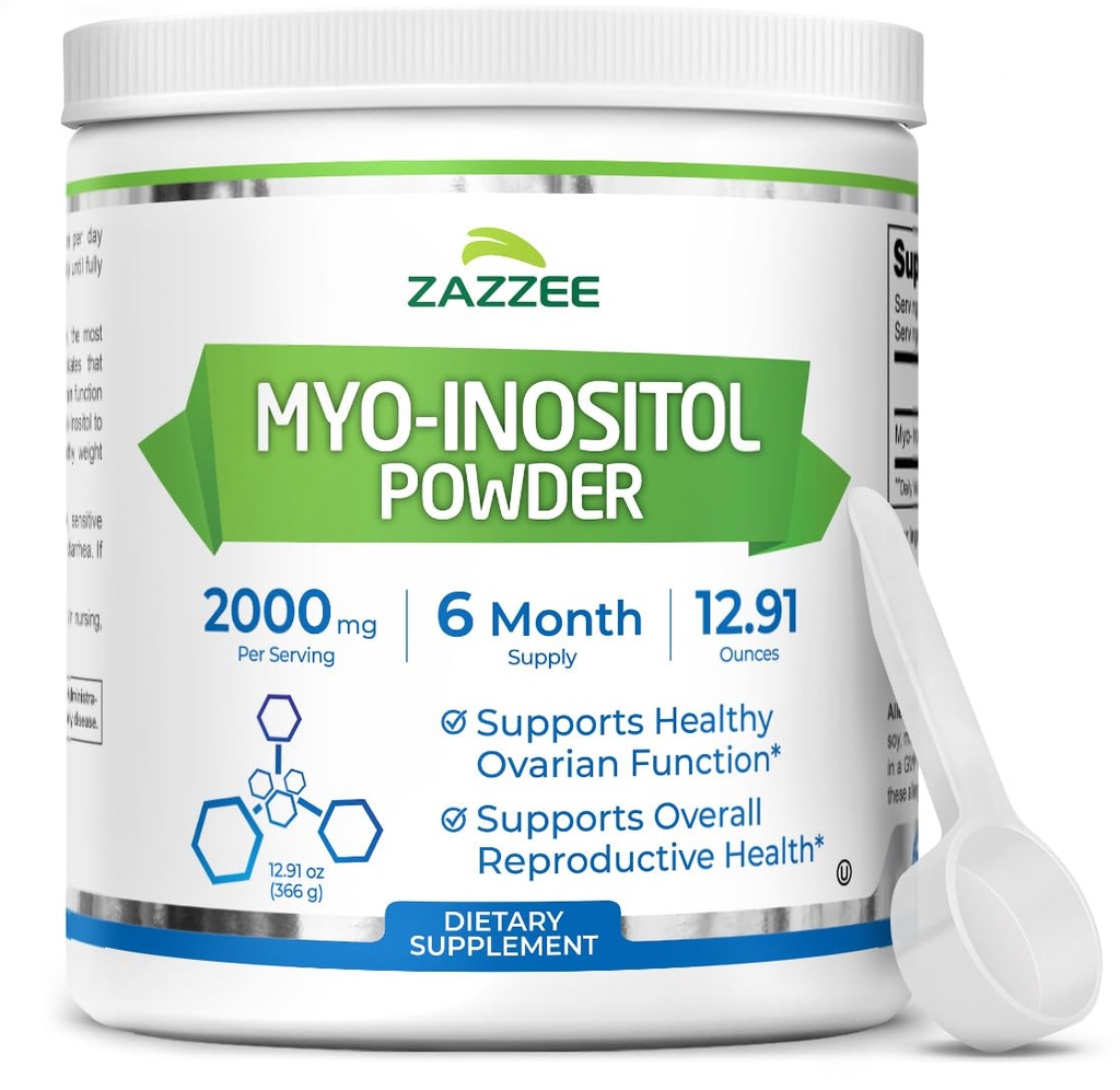 Zazzee Myo-Inositol Powder, 6 Month Supply, 183 Servings, 2000 mg por Serving, Scoop gratis para la dosis exacta, 12.91 onzas, 100% pura, fertilidad integral y soporte reproductivo, Vegan, No GMO