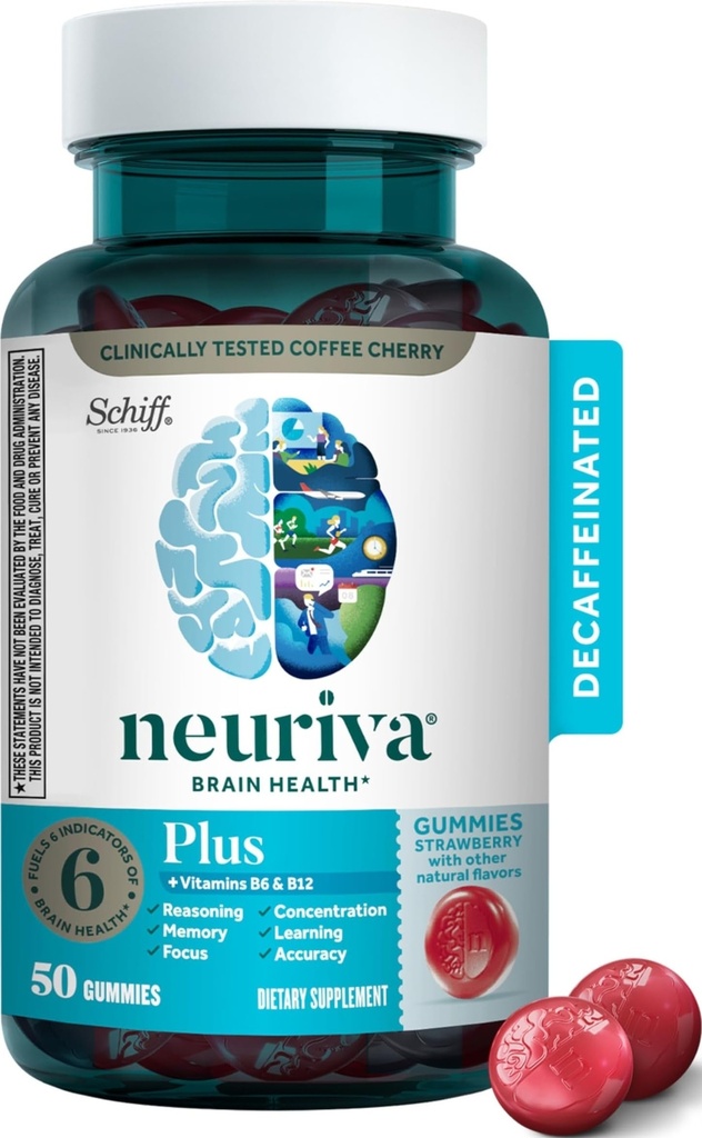 Suplemento cerebral NEURIVA Plus para memoria, concentración+ función cognitiva con vitaminas B6 &amp; B12 y test clínico Phosphatidylserine y Neurofactor, 50ct Gummies de Fresa