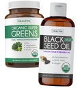 Super Greens & Black Seed Oil (3-Month Supply) Herbal Oil Blend Bundle of Organic Super Greends Powder - Completo Superfood (180 cápsulas) & Organic Black Seed Oil Liquid - Cold presumido (8 fl oz)