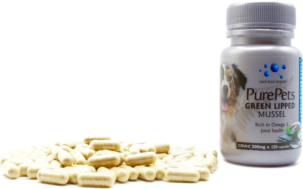 PurePets New Zealand Green Lipped Mussel Capsules for Dogs and Cats - 200mg x 120 Capsules - for Hip & Joint Support - 100% Natural Arthritis Doin Relief - Mobility Supplement Inflammation Management