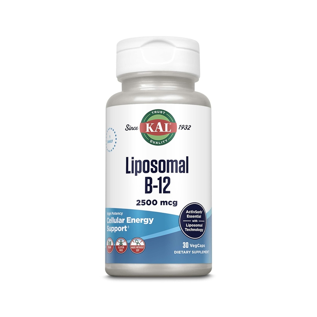 KAL Liposomal Vitamina B12 2500 mcg, Alta Absorción, Tecnología Liposomal, Soporte de Energía Celular, Capsules Vegan, Gratuito Gluten, Hecho Sin Soy, 30 Servimientos