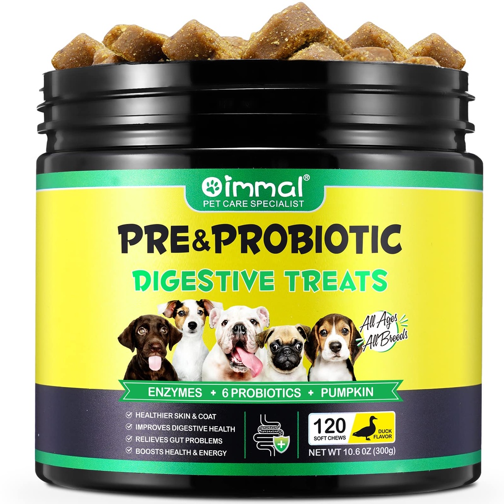 Probióticos para perros Salud Digestiva, Vacas Suaves Digestivas para Perros, Probióticos Perros y Enzimas Digestivas, 120 Mandíbulas Perros Omega-3 &amp; 6, Vitamina, Mejorar la Digestión, Inmunidad