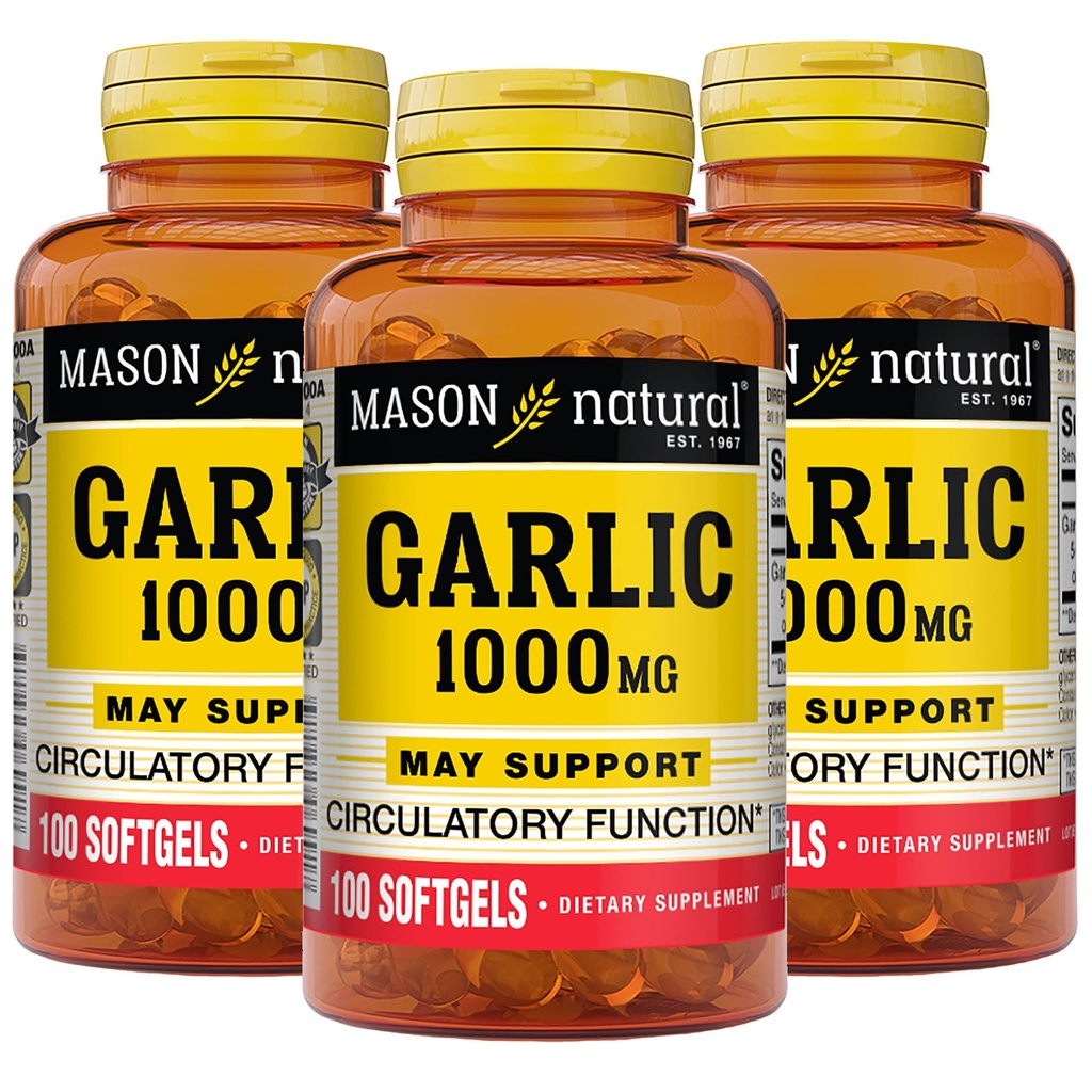 Aceite de ajo NATURAL MASON 1000 mg, 300, Softgels de suministro de día, soporta la función circulatoria normal, 3 Pack