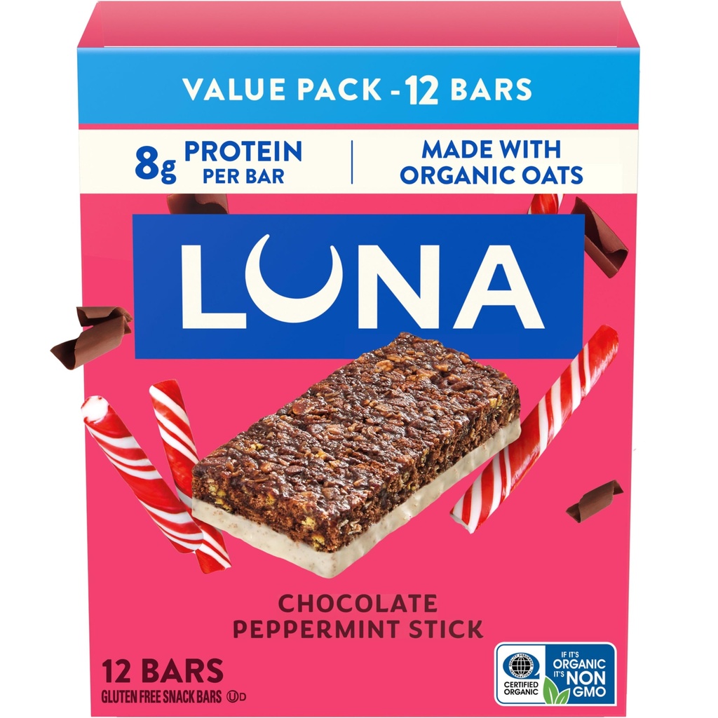 LUNA Bar - Chocolate Peppermint Stick Flavor - Snack Bares - Non-GMO - Bares de proteína sin gluten - Hecho con avena orgánica (12 Pack)
