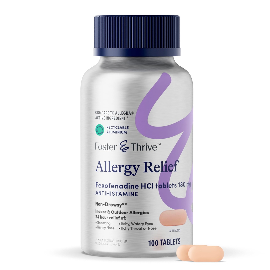 Foster & Thrive Fexofenadine HCl Non Drowsy Alergy Relief for Hay Fever, Pollen, Itchy Eyes, and Seasonal Allergies, Effective Support for Kids and Adults, 180 mg, 100 Tablets