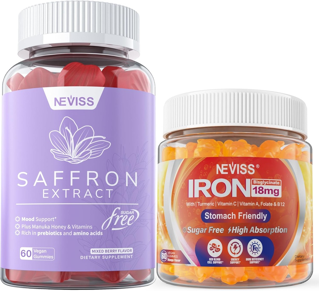 1Pack Saffron Suplemento Gummies 100% puro Saffron Extract Whole Herb Gummies + 2P Vegan Iron Gummies Suplemento con vitamina C, B12, Folate & Turmeric