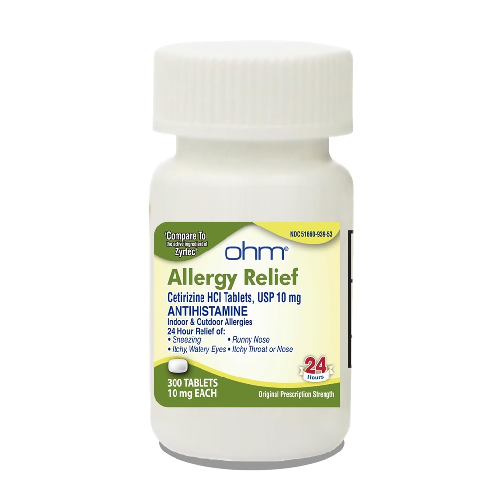 Ohm 24-Hour Antihistamine Cetirizine HCl 10 mg Tablets, 300 Cuenta – Alivio de Alergia de Todos los Días para los Ojos Itchy, Runny Nose, Hay Fever, Pollen e Indoor &amp; Alergias al aire libre