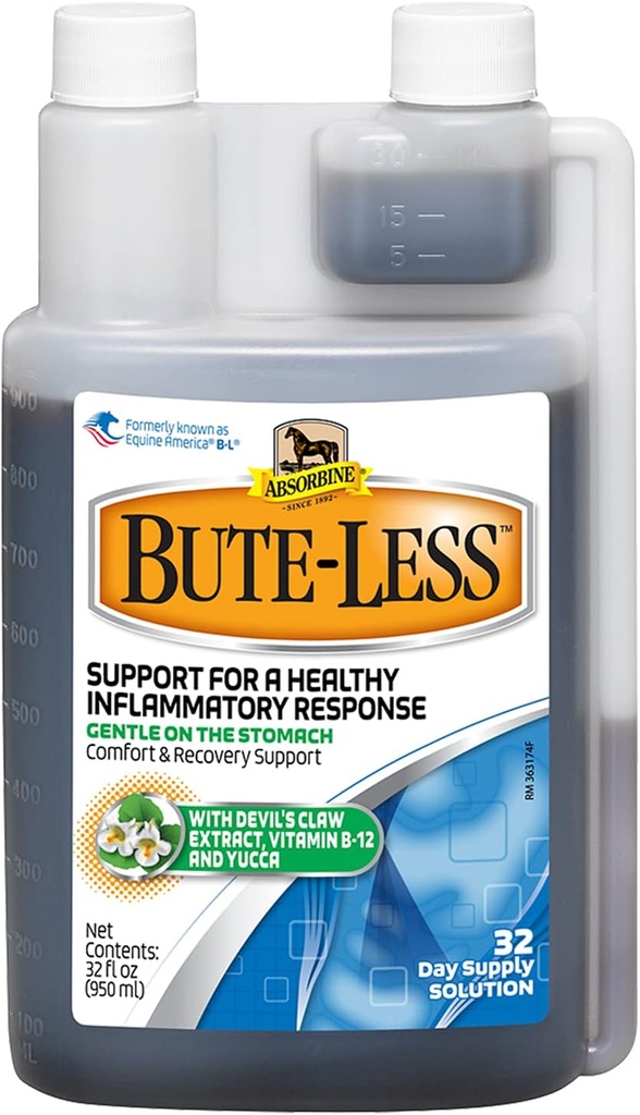 Absorbina Bute-Less Caballo a largo plazo Confort &amp; Recuperación Suplemento Solución, Sujeto en Stomach, Cuerda del Diablo, Vitamina B-12, Yucca, 32oz / 32 Day Supply