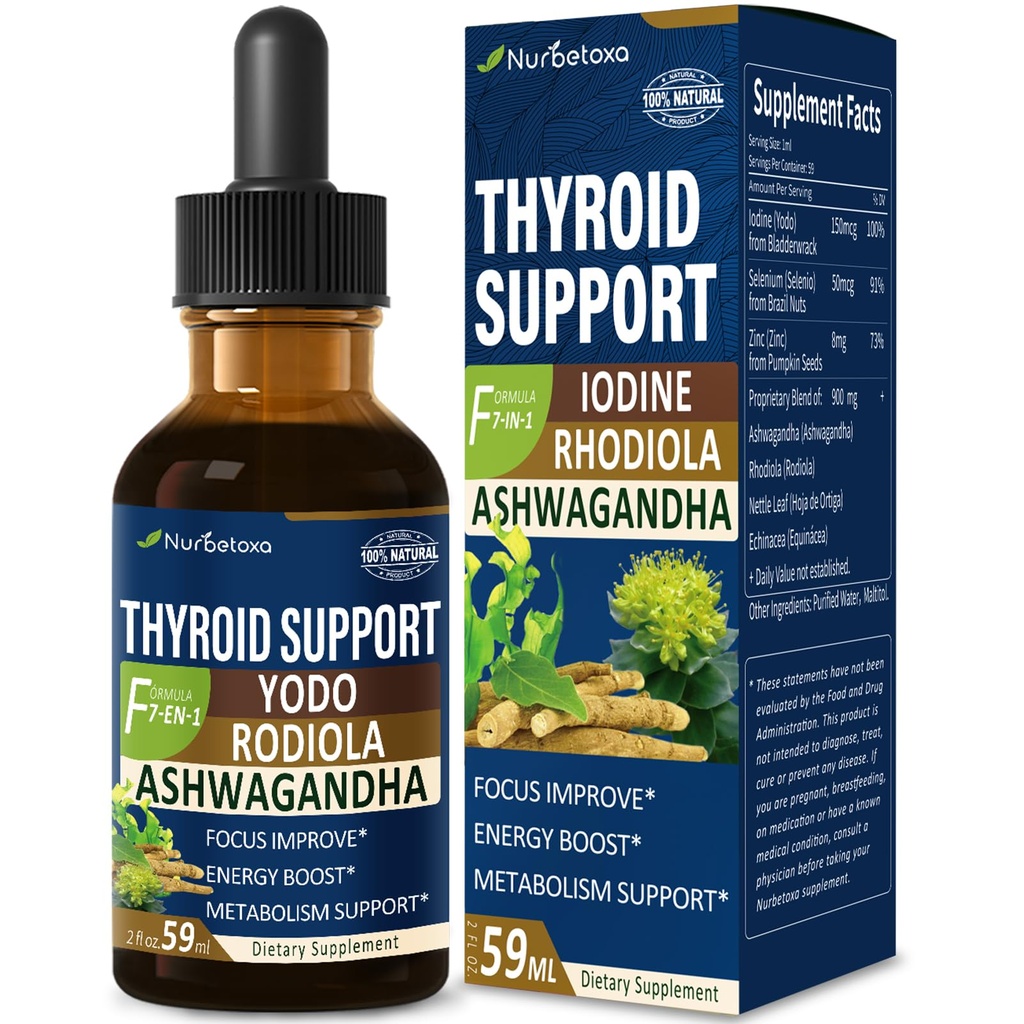 Tiroides de soporte de tiroides - Suplemento de yodo líquido, Gotas de YODO y Selenio para Tiroides, Con Rodiola Semenovii y Ortiga, Combate la Fog cerebral w/Ashwagandha & Rhodiola Extract Tincture.2 oz