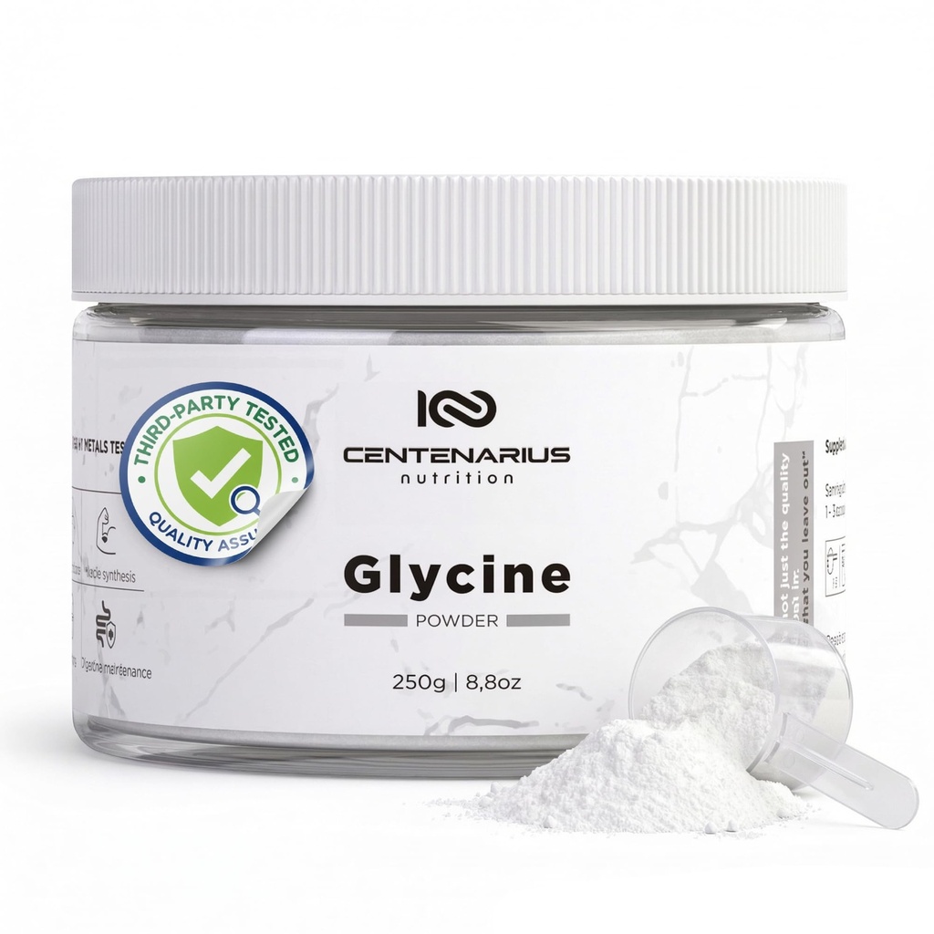 Glycine Powder 250g ← Aminoácidos no esenciales Suplemento para la recuperación de músculos después del entrenamiento, la digestión, la ayuda al sueño + Más - Vegan, Additive-Free, Third-Party Tested  Centenarius Nutrition