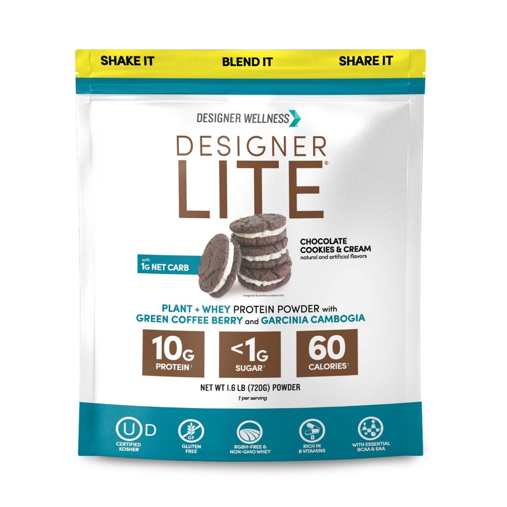 Designer Wellness, Designer Lite, Low Calorie Natural Protein, Prebiotic Fiber, Key Vitamins & Minerals, Chocolate Cookies &amp; Cream, 25.6 onzas