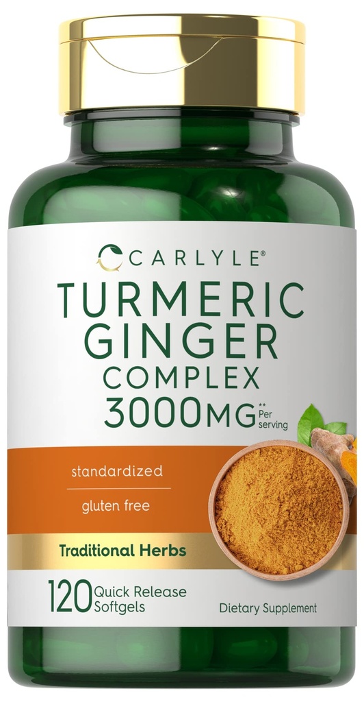 Carlyle Turmeric y Ginger Suplemento 3000 mg  120 Softgel Capsules ← Complejo de Curcumina Turmérica Silencio con Black Pepper Extract ← Non-GMO, Gluten Free
