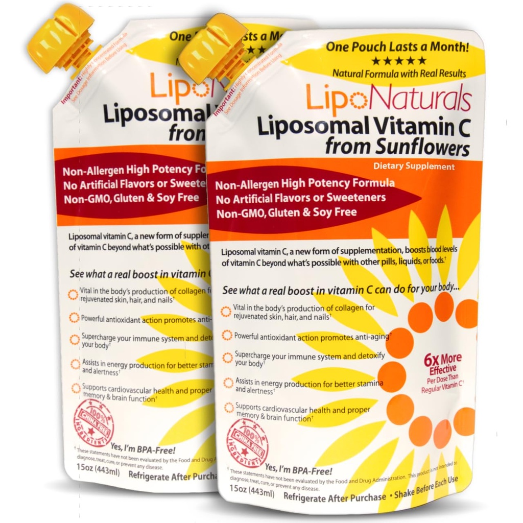 Lipo Naturals Liposomal Vitamina C 1000mg Líquido (2-Pack 60 Doses) - Natural Fórmula Imunidad + Soporte Energético - Vegano, Sin China (15oz / 443ml ea.)