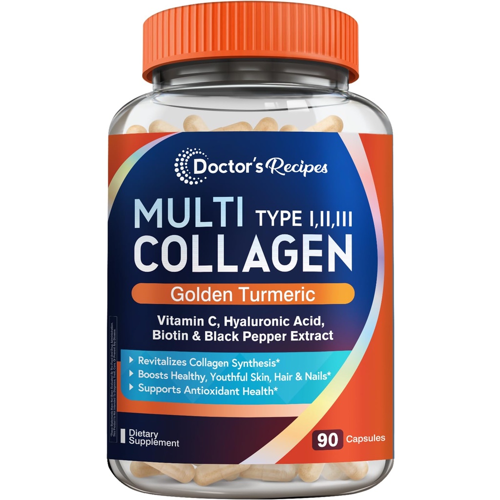 Recetas del médico Péptidos multi colágeno con Turmérica Dorada, Vitamina C, Biotina, Ácido Hialurónico " Pepper Negro, Suplementos colágeno para la piel, el cabello, la uñas, el colágeno para mujeres y hombres, 90 caps