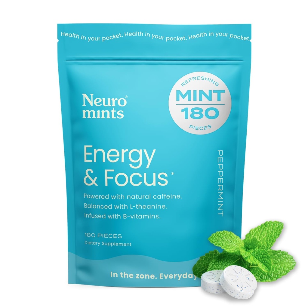 NeuroGum Energy Caffeine Mints (180 piezas) - Azúcar gratis con L-theanine + Caffeine natural + Vitamin B12 &amp; B6 - Nootropic Energy & Focus Supplement for Women & Hombre - Keto & Vegan, Peppermint Flavor