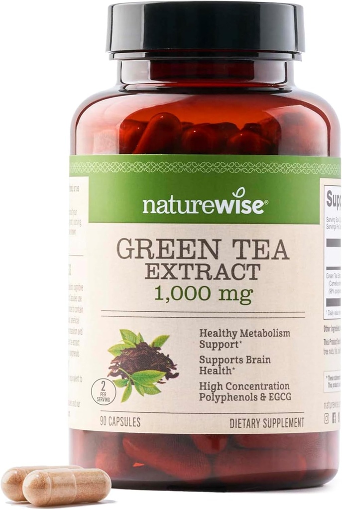NatureWise Green Tea Extract Capsules 1000 mg - 50% EGCG & 98% Polyphenols - Extra Strength Green Tea Pills - Antioxidantes para la salud cardíaca & energía - Vegan, Non-GMO - 90 Conde[45-Day Supply]