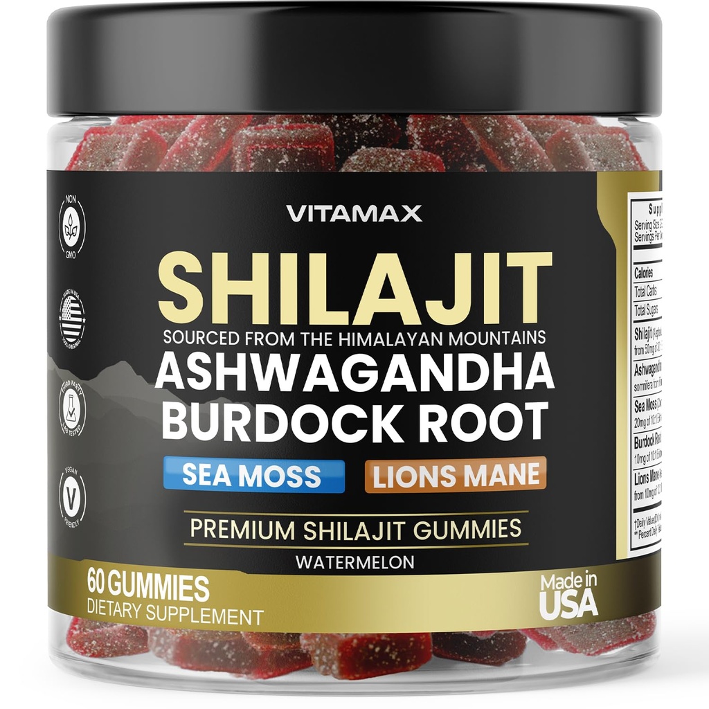 Orgánica Shilajit Gummies, Sea Moss, Ashwagandha, 105+ Trace Minerals – Organic Burdock Root &amp; Lions Mane Mushroom – Watermelon Flavor - Vegan & Non-GMO – Made in USA – 60ct