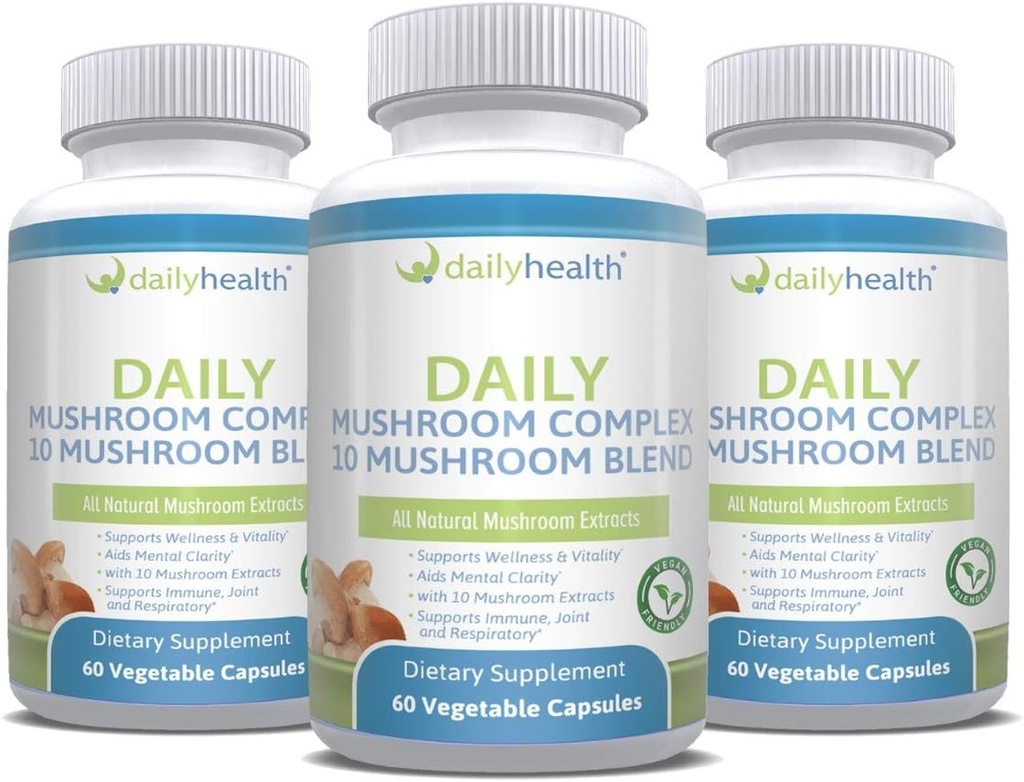 Salud diaria 10 Mushroom Complejo Blend All Natural Extract Vegan Friendly 180 Veg Capsules