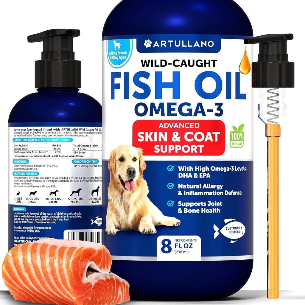 Omega 3 aceite de pescado para perros - mejor que el aceite de salmón - Skin and Coat Defense Liquid Supplement for Allergy Relief - High EPA & DHA for Shedding, Mobility, Itching, Joint & Bone Health Support - 8 FL OZ