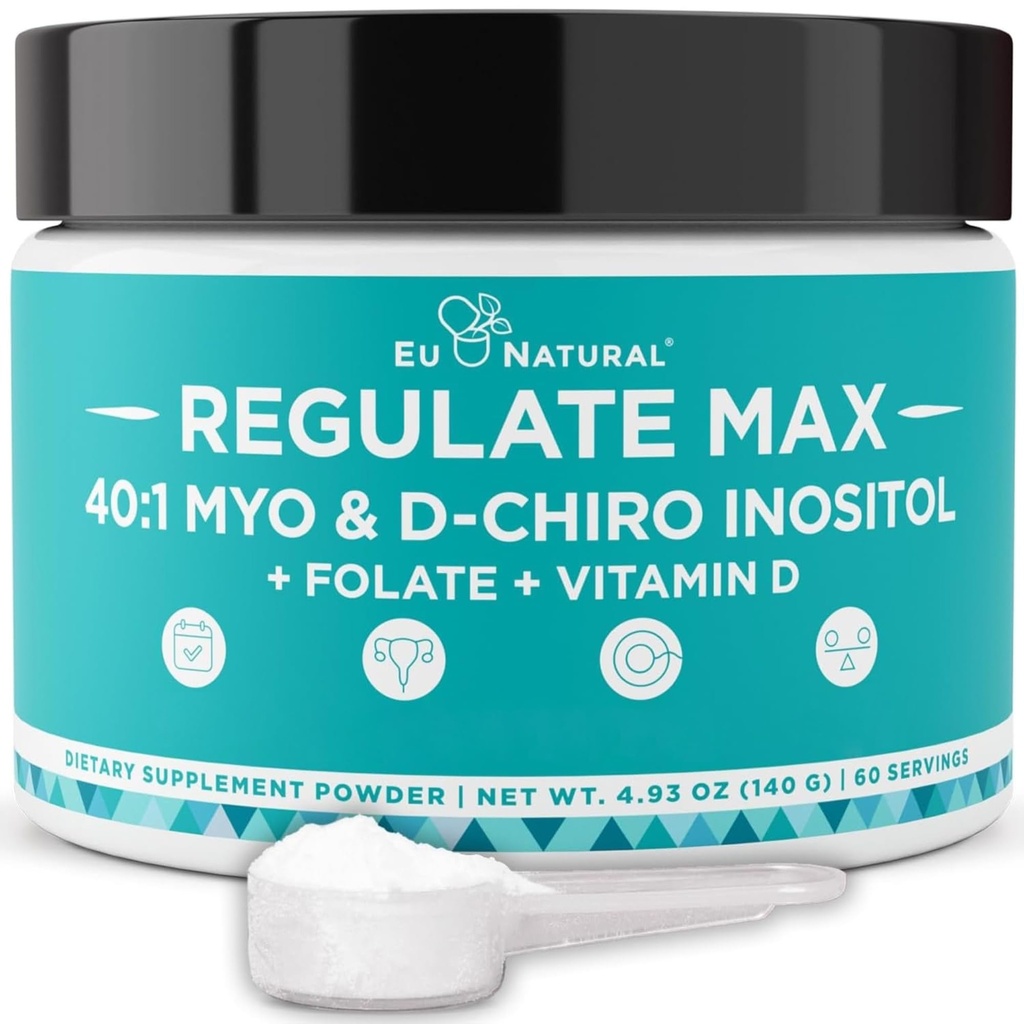 Regular MAX Myo-Inositol & D-Chiro Inositol Suplemento Polvo para Mujeres con Vitamina D &amp; Folate PCOS Apoyo nutricional, Equilibrio hormonal &amp; Apoyo Fertilidad, Desarrollado 60 Actuaciones