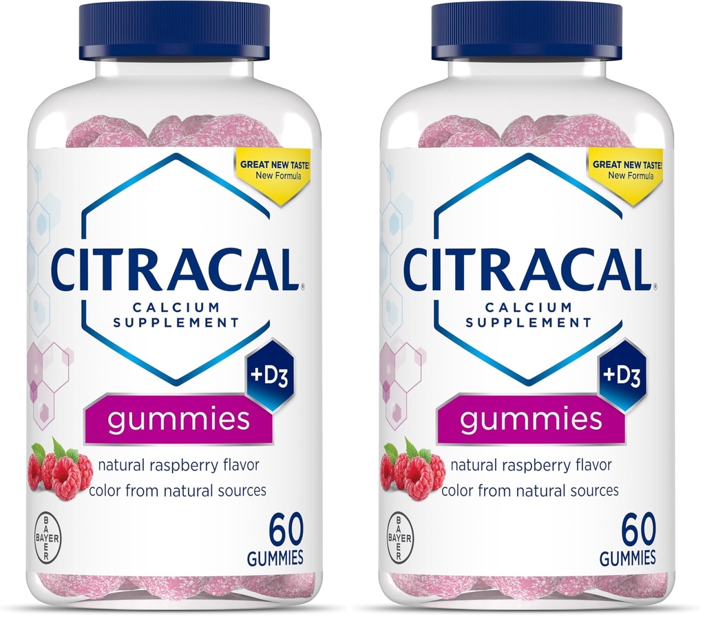 Calcio CITRACAL Suplemento Gummies, Calcio Chewable con Vitamina D3, Soporta la Salud de los Huesos, Cerdos de Calcio para Edades 12+, Sabor de Fresa Natural, 60 Cuenta (Pack de 2)