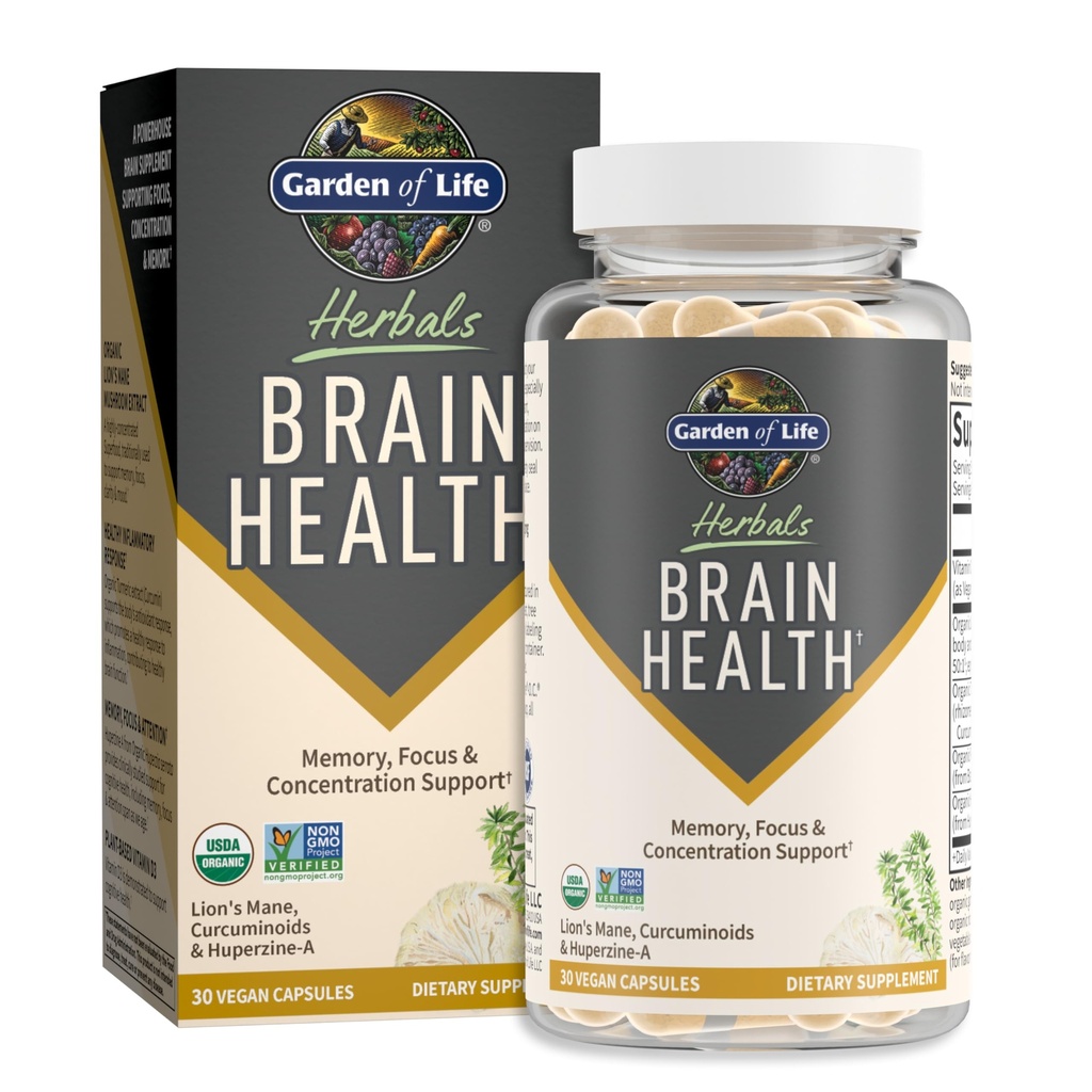 Garden of Life Brain Health Suplemento con la Mane " Turmeric, Non-GMO, Libre de gluten, Sabor de la menta - para la memoria, Focus " Función cerebral sana