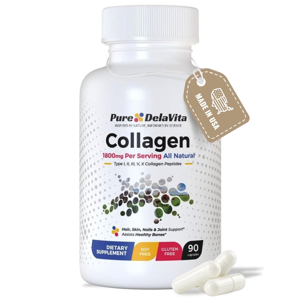 Cápsulas completas de colágeno para mujeres – 1800 mg, Tipos I, II, III, V, X para el cabello, piel, uñas, articulaciones " salud ósea, alta absorción, anti envejecimiento, no transgénico, libre de gluten, 90 cápsulas