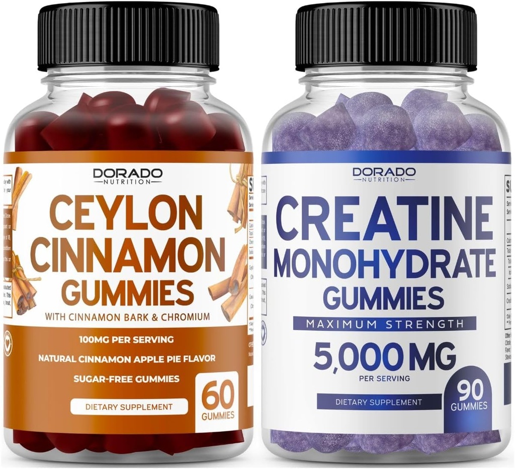 Ceylon Cinnamon (60 Cuenta) - Berberine & Ginseng for Digestion General Wellness Support and Creatine Monohydrate (90 Gummies) Delicious Blue Raspberry Chews Flavored Suplemento - Non GMO & Made in USA