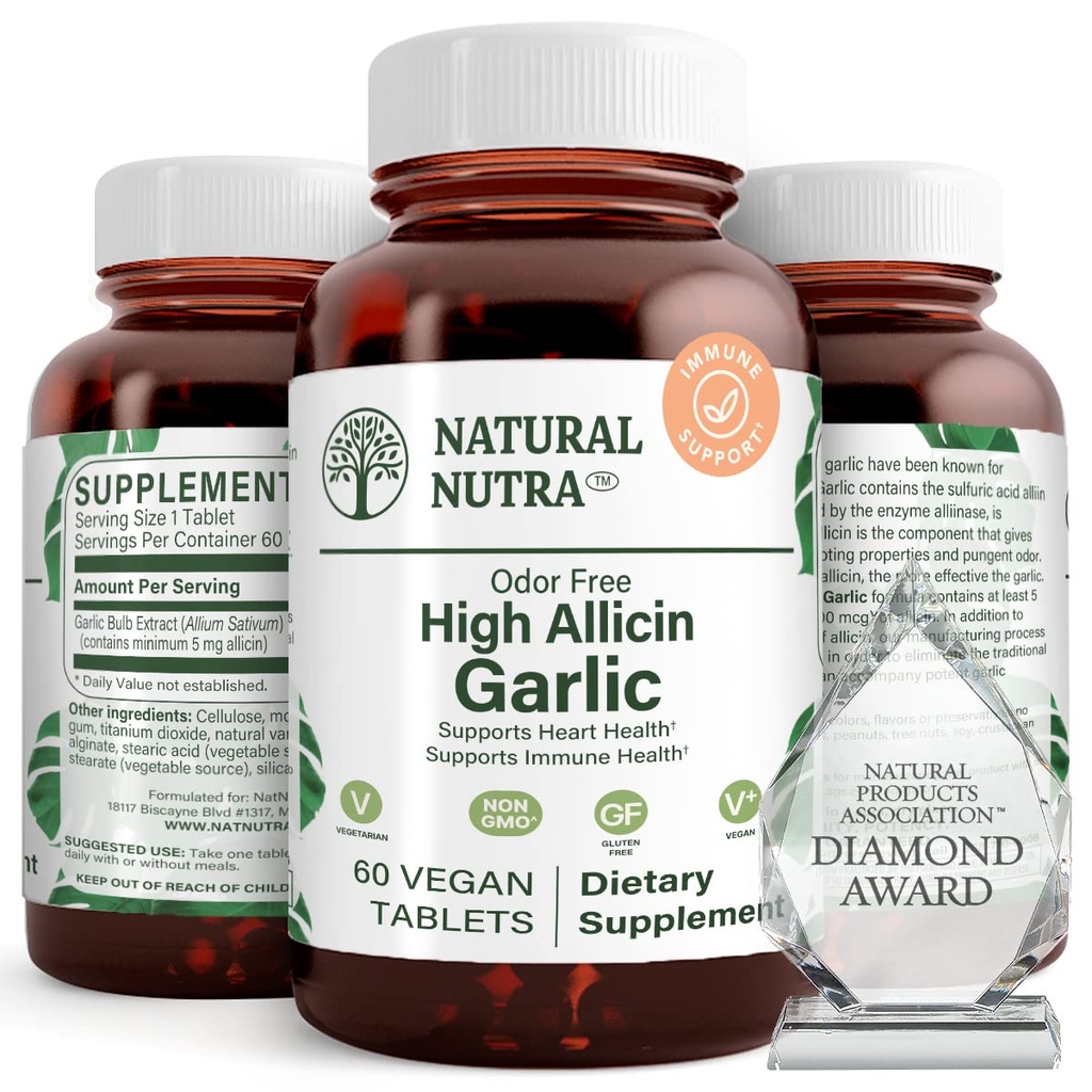 Natural Nutra High Allicin suplemento de ajo, apoya el sistema inmunitario, mejora la salud del corazón, mejora la salud de las enzimas, mejor digestión, combate frío y gripe, vainilla de cocción, 500 mg, 60 tabletas Vegan
