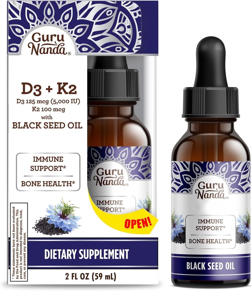 GuruNanda Wellness Bundle: Liquid Ashwagandha with Bacopa (1 Fl Oz) for Focus " Relax Support " Black Seed Oil (2 Fl Oz) with Vitamin D3, K2 " E for Immune Boosting - Vegan " Non-GMO