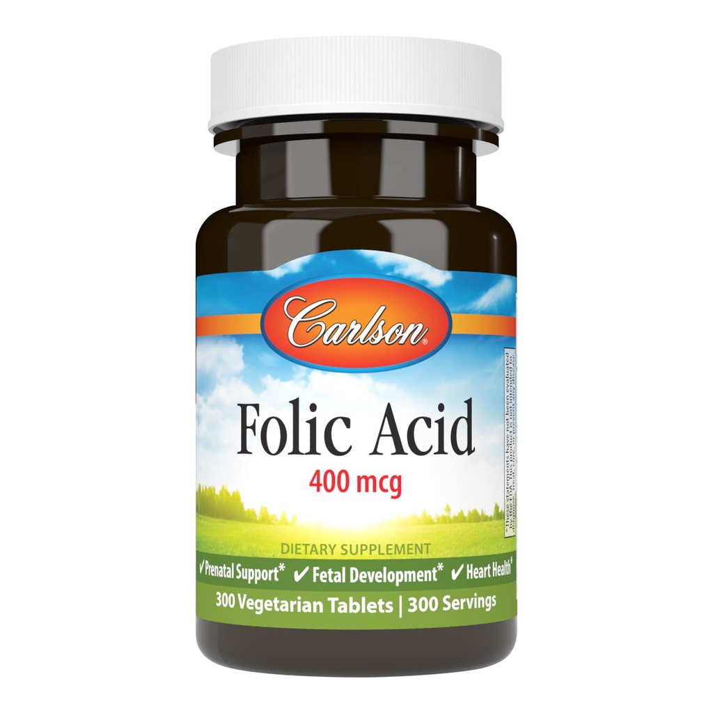 Carlson - ácido fólico, 400 mcg, proporciona soporte prenatal importante, desarrollo fetal, 300 tabletas