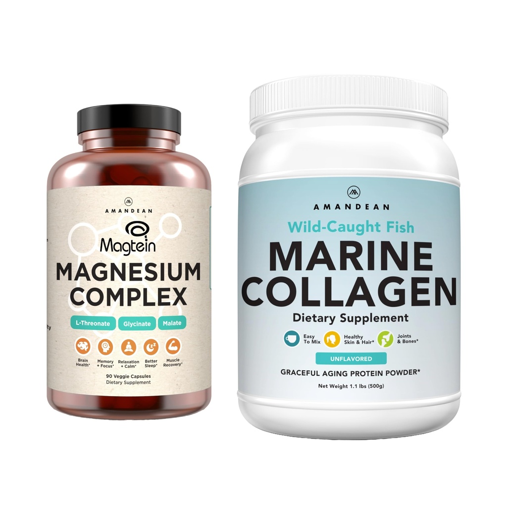 AMANDEAN Premium Magnesium Complex &amp; Marine Collagen Bundle. Threonate de Magnesio de alta absorción, Glycinate & Malate. Proteína de pescado hidrolizado salvaje. Calidad de soporte sueño, piel &amp; ronda