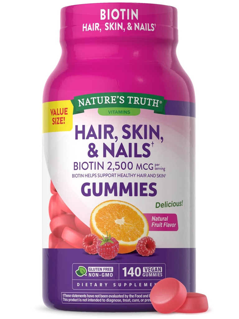 La verdad de la naturaleza Pelo, Esquía y uñas Gummies Silencio con Biotin  140 Conde ← Fruit Flavor ← Vegan, Non-GMO y Gluten Free Vitamin for Hombre and Women