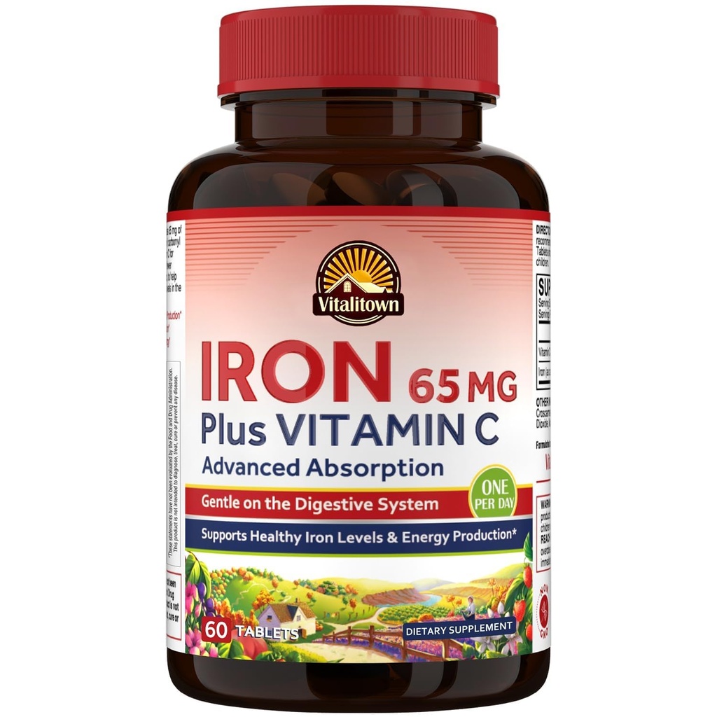 Suplemento de Hierro Vitalitown para Mujeres Hombres, Hign Potency 65mg Hierro con Vitamina C 250mg, Menos Estreñimiento, Mejor para el Edificio de Sangre " Mejora energética, Sin Gluten, No GMO 60 Píldoras de Hierro Vegano