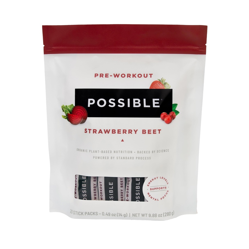 Beet Pre-Workout - Strawberry Beet Flavor - Serviciones abatidas individualmente - Contiene B-Vitamins y Green Tea Caffeine Extracto - Fuente de Nitrates - 1 Bolsa, 20 Stick Packs
