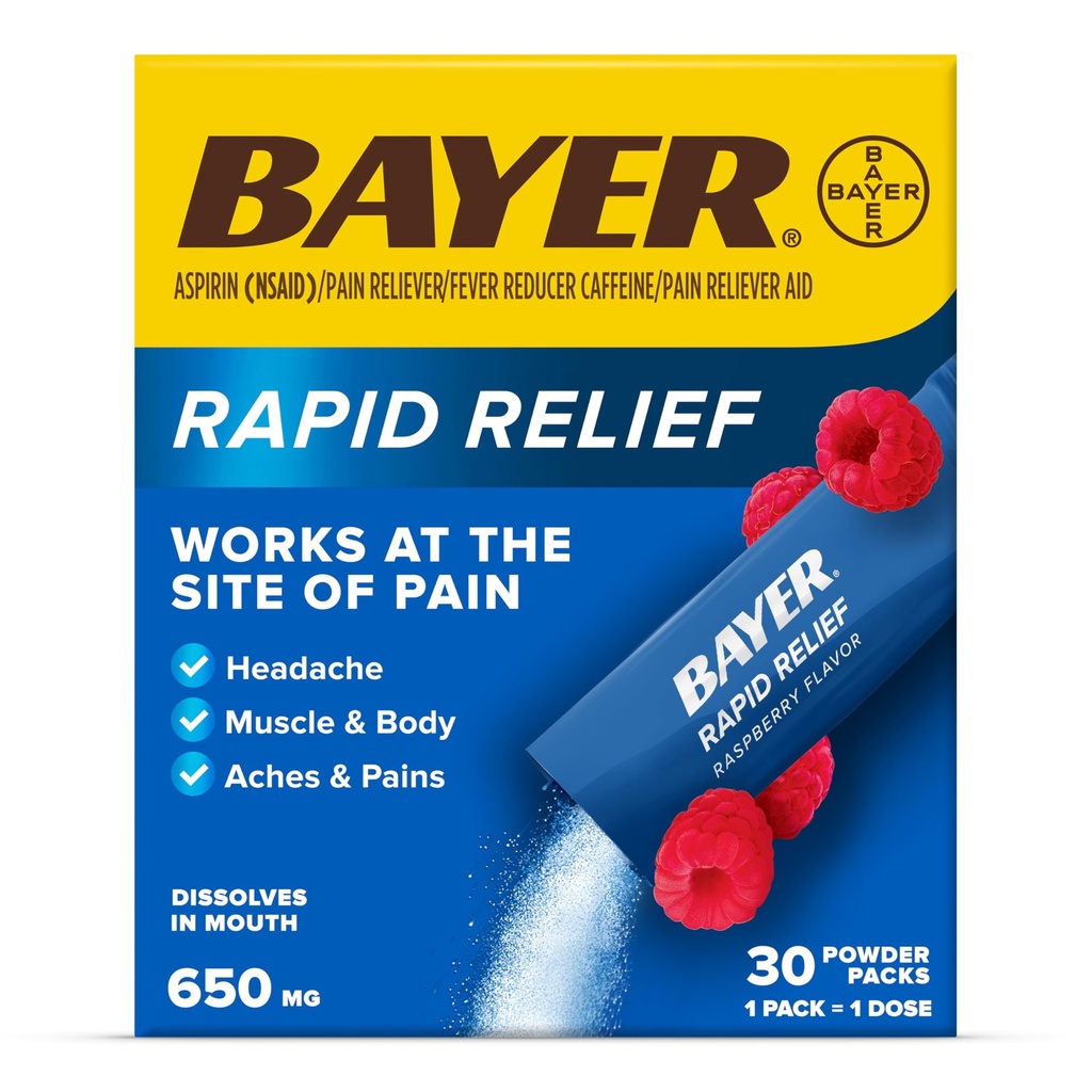 Bayer Rapid Relief Powder Packs con Aspirin &amp; Caffeine, Dissolvable Fast Acting Pain Relief for Headache, Muscle and Body Pain, Raspberry Flavor (Packaging may vary), Pack of 3 x 10 Count