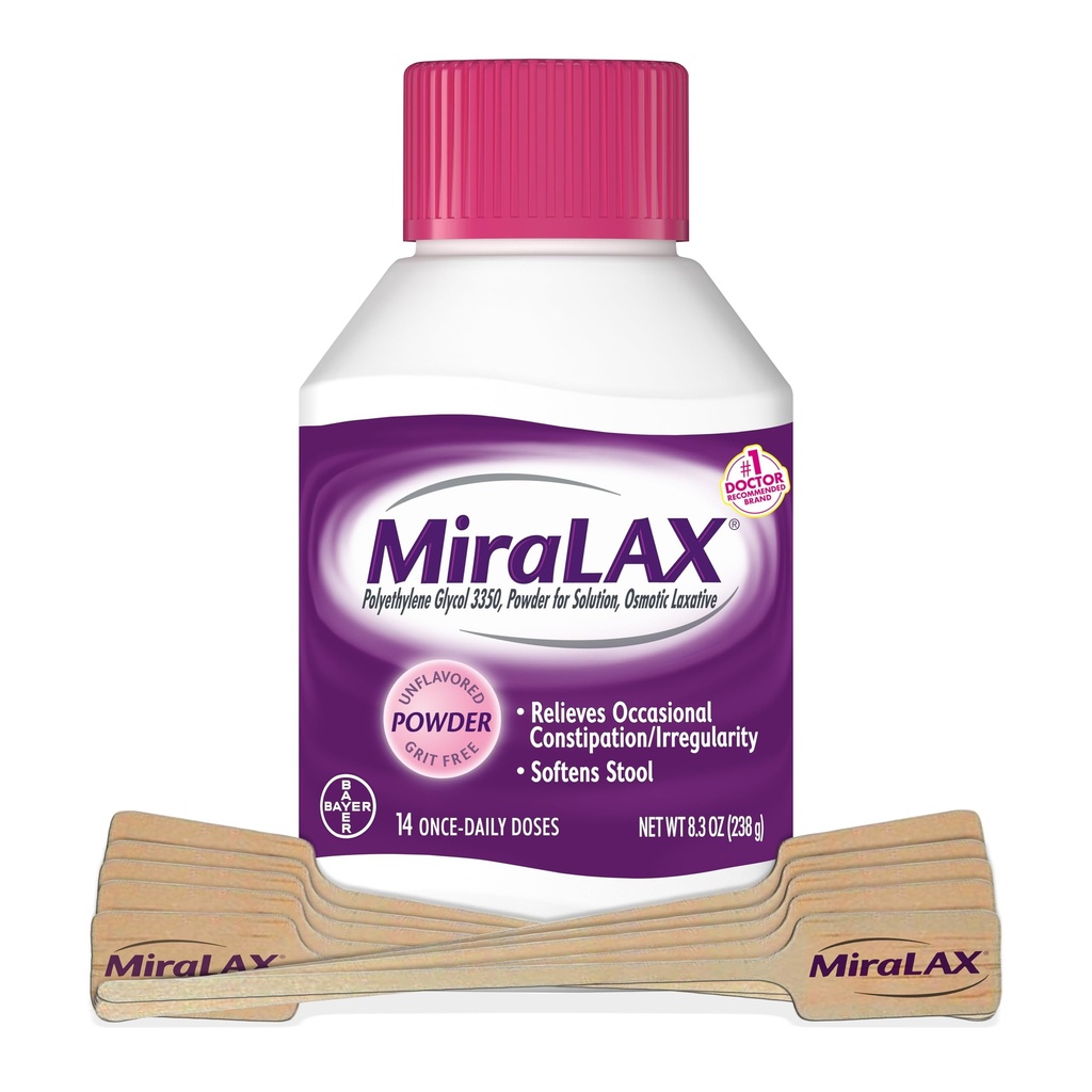 Powder laxante MiraLAX, Alivio del estreñimiento suave para adultos, Suavedor de heces con PEG 3350, Laxante no estimulante, sin efectos secundarios Harsh, Incluye Stirrer, 14 Dose
