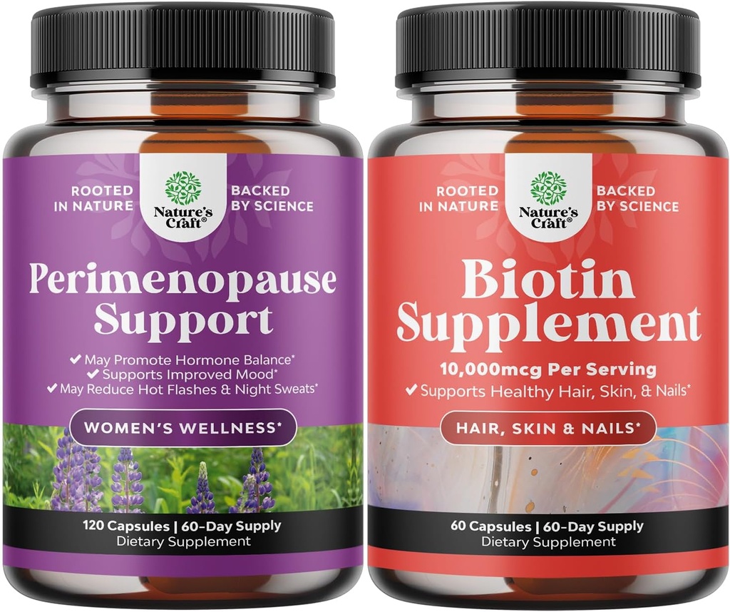Bundle of Perimenopause Supplement for Women -Multibenefit Menopause Relief for Women 120ct and Pure Biotin Pills for Women Men - Stop Hair Loss Thinning Natural Supplement for Shiny Thick Hair Growth