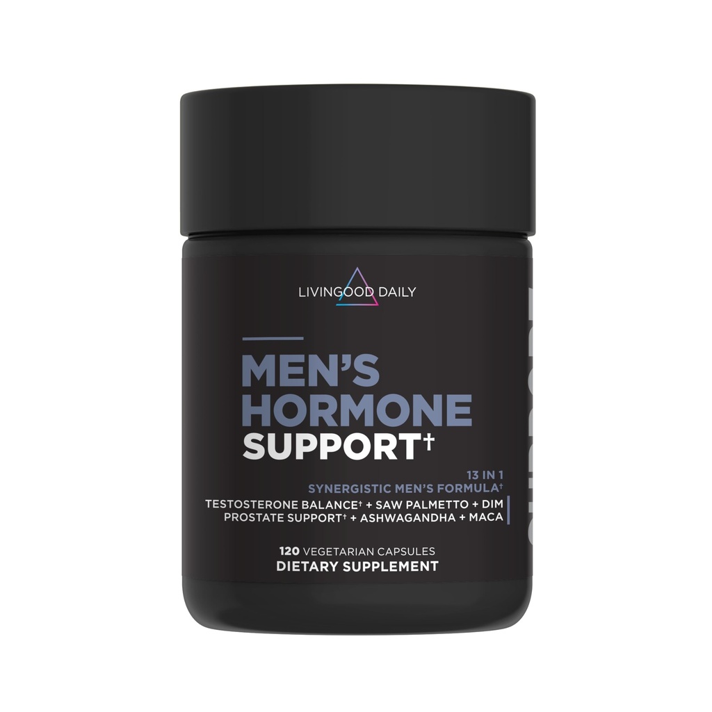 Livingood Daily Men's Hormone Support Supplement for Vitality & Balance, 14-in-1 Testosterone Booster para Hombres con Ashwagandha, Maca, DIM, Zinc, Saw Palmetto, Vitamina B12 &amp; Más, Vegan, 120 cápsulas