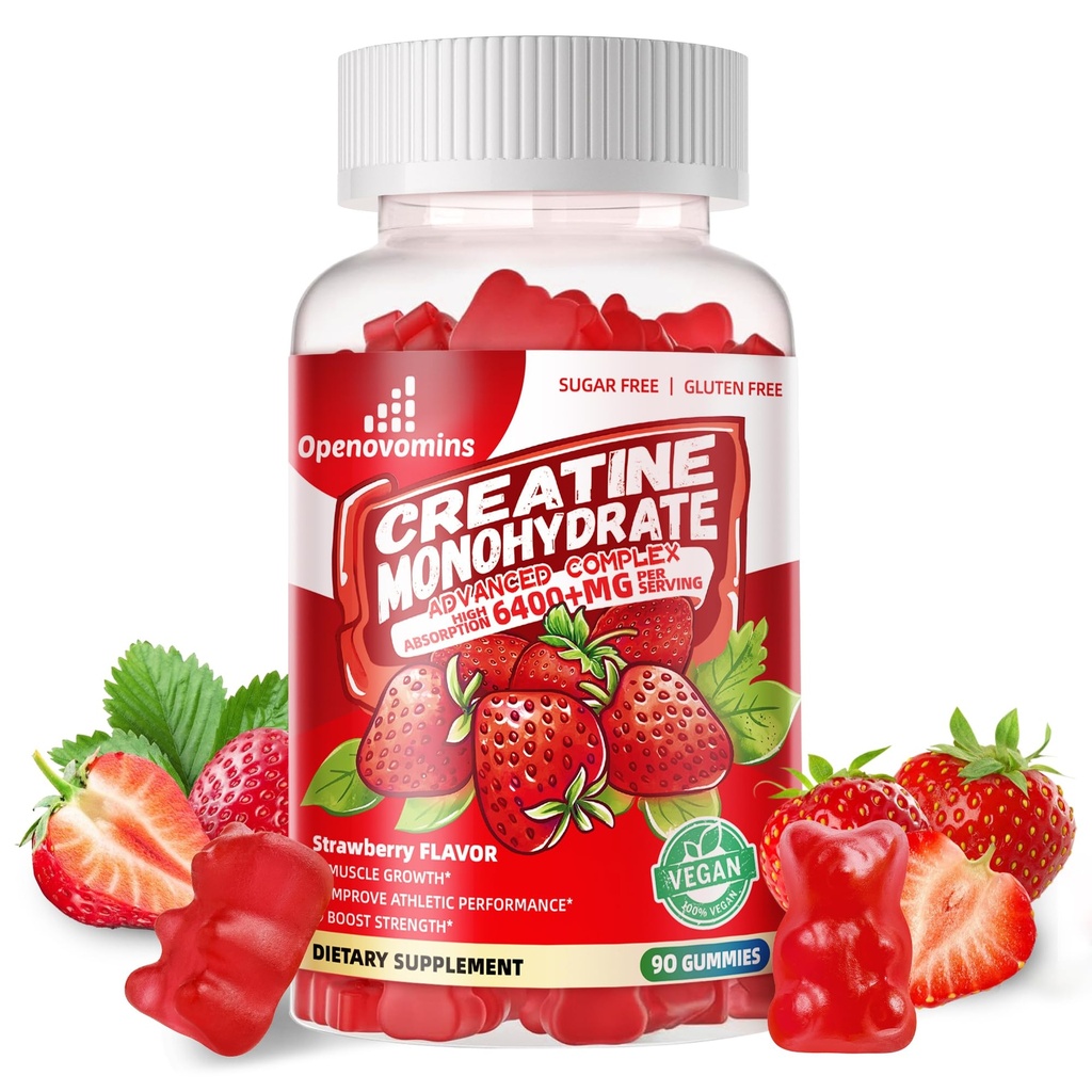 Complejo de Gummies de Monohidrato de Creatina para Hombres y Mujeres -Fórmula avanzada W/L-Taurina + Vitamina B12, Sugar suplemento Chewable Libre,90 Gummies de Fresa