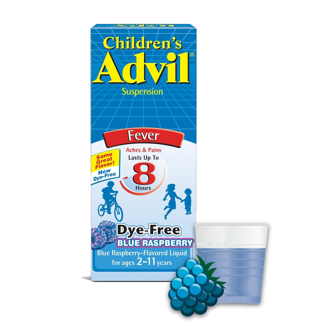 Suspensión advil infantil (4 fl. oz, Blue Raspberry-Flavored), 100mg Ibuprofeno Fever Reductor/Relieve del dolor, Medicina del dolor líquido, Edades 2 –11