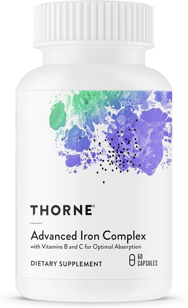 THORNE - Complejo de Hierro Avanzado - Soporte sanguíneo completo Fórmula* - Vitaminas de Hierro Elemental, Folato, B y C para la absorción óptima - Suplemento de Hierro Chelatado - Gluten, Lácteos &amp; Soy-libre - 60 cápsulas