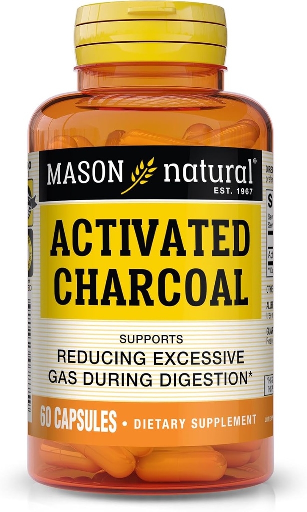 MASON NATURAL Carbón Activado - Alivia el gas y el rubor, promueve la desintoxicación natural, suplemento altamente absorbente, 60 cápsulas