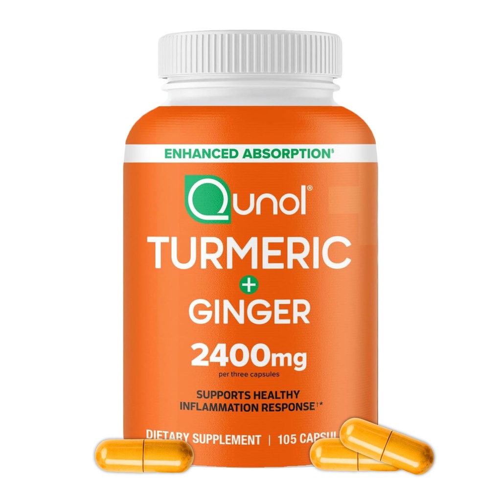 Curcumina de Turmérica Qunol con Pepper Negro y jengibre, 2400 mg Extracto Turmérico con Curcuminoides 95%, Suplemento de Fuerza Extra, Absorción Mejorada, Suplemento de Apoyo Conjunto, 105 Conde