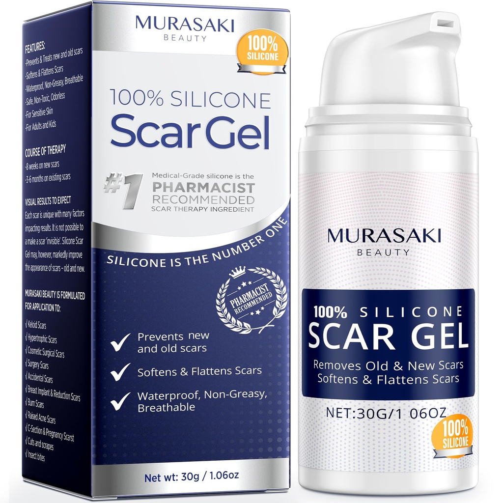 Crema de cicatrices de silicona 100% - Gel de cicatriz avanzado para cicatrices quirúrgicas, C-Sección, Marcas de estiramiento, Acné, Lesiones, Quemaduras, Keloids, cicatrices viejas y nuevas 1.06oz(30g) (Maximum Strength 100% Silicone)