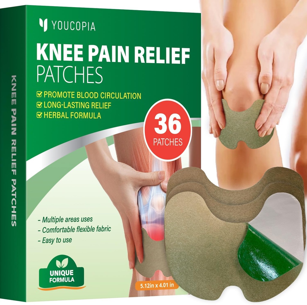 YOUCOPIA Knee Pain Relief Patches: 36 Conde Natural Herbal Relieving Paste for Long Lasting Muscle and Joint Relief - Mugwort Arthritis Heat Patches Kit